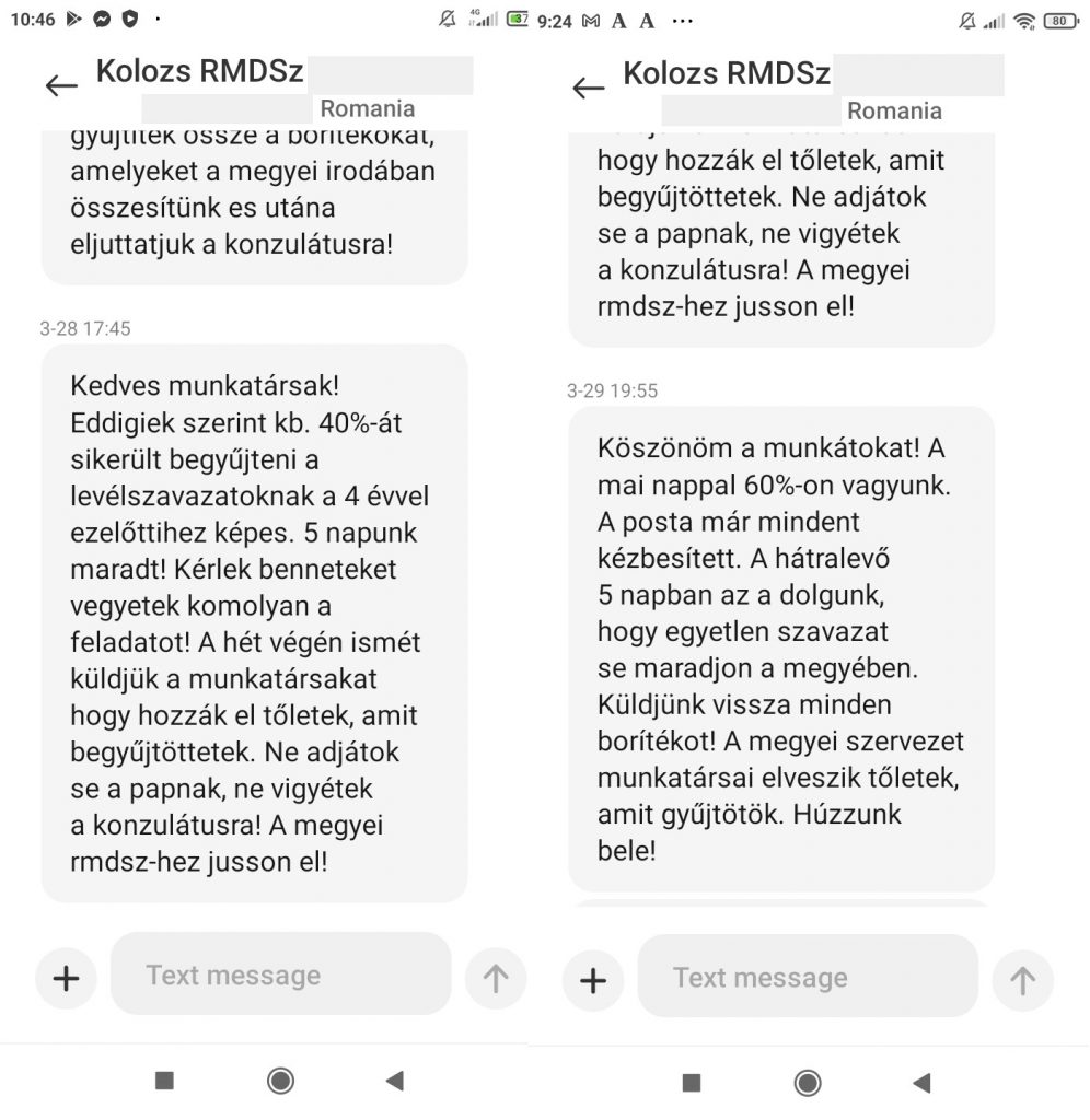 Az RMDSZ Kolozs megyei szervezete által küldött mozgósító SMS-ek