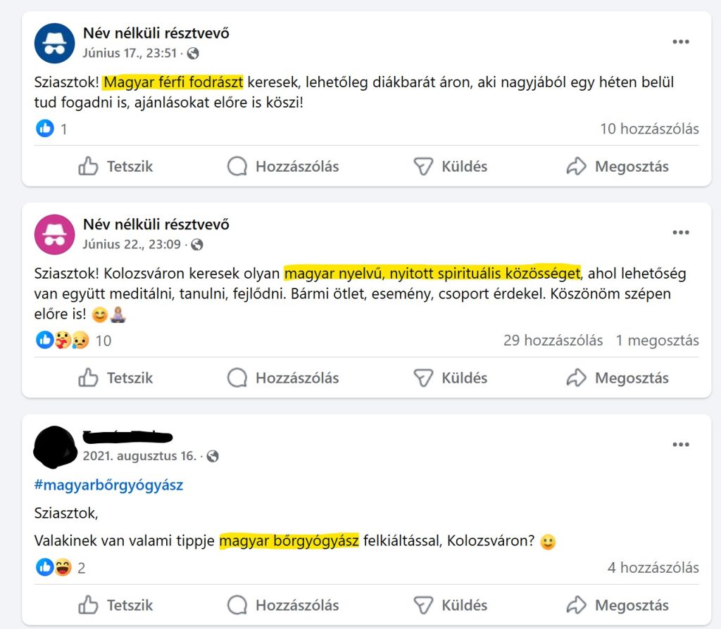 A képen Facebook posztok láthatóak, amikben kolozsvári magyar egyetemisták magyar szolgáltatásokat keresnek: magyar fodrászt, magyar spirituális közösséget, magyar bőrgyógyászt.