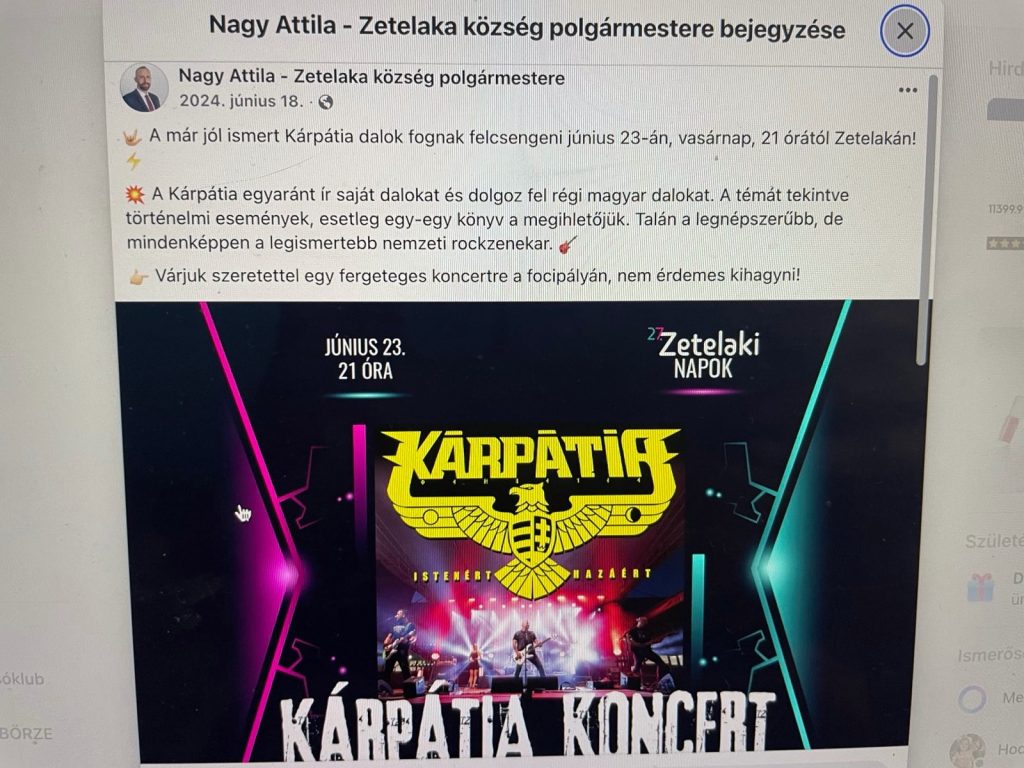 A szélsőjobboldali Kárpátia együttes koncertje Zetelakán 2024 júniusában